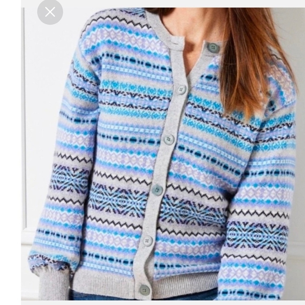 Talbots Cardigan Sweater Size M Grey Blue Purple Fair Isle Merino Wool Preppy